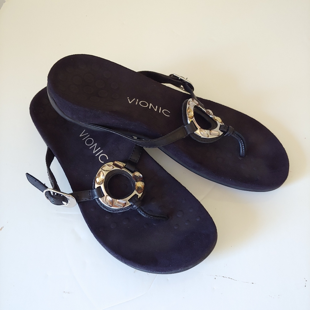 Vionic Rest Ricci Thong Sandals Black Silver Size 7